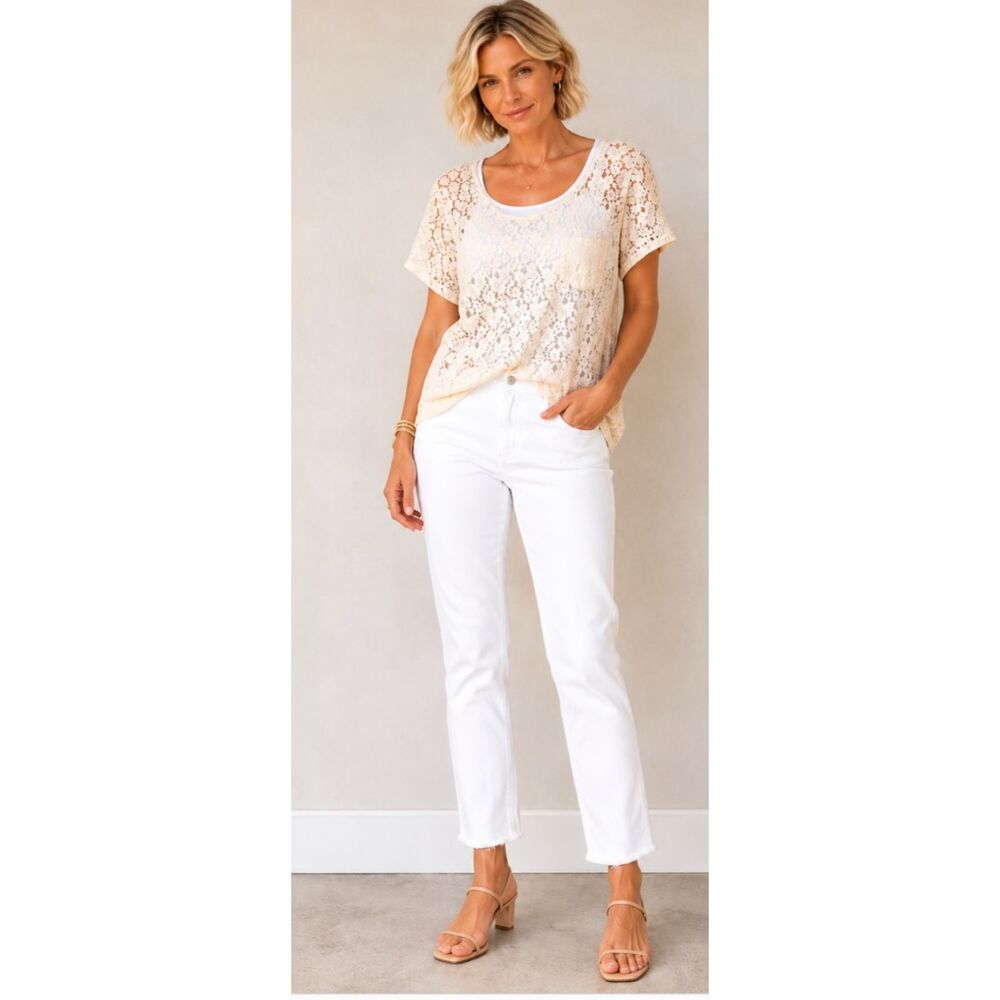 JC Penney 2X Womans Sheer Cream Floral Lace Top Boho Western Cap Slv-read
